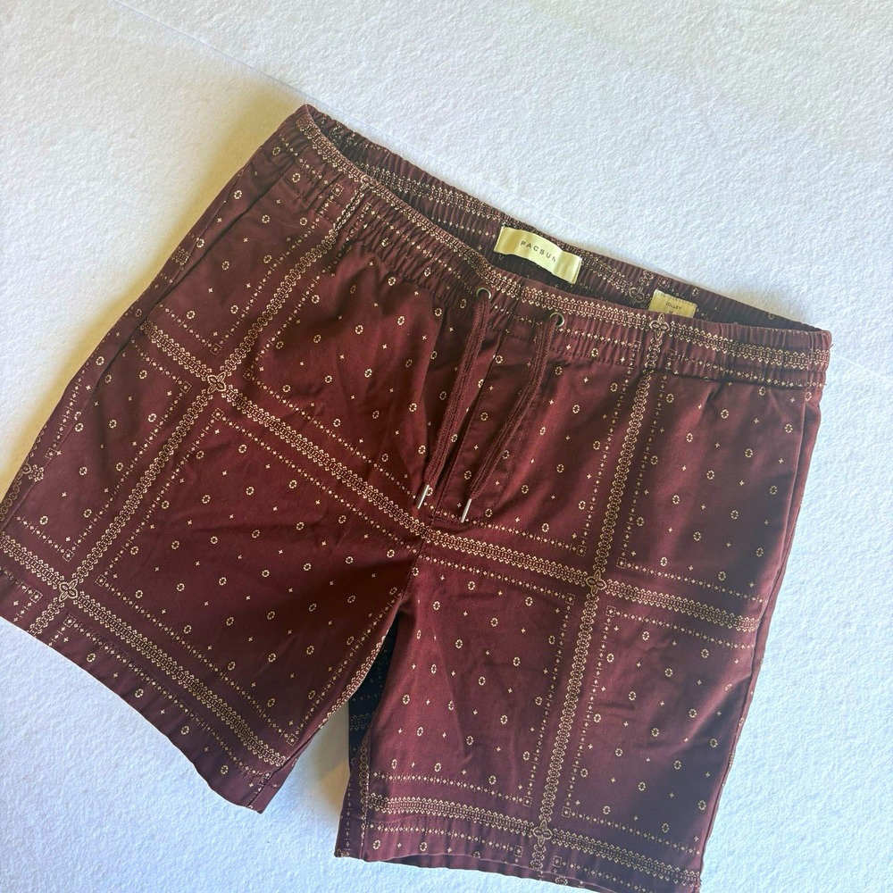 PacSun Men's Brown Bandana Volley Shorts Elastic Waist Drawstring M